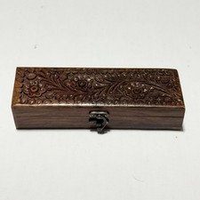 Vintage Hand Carved Wooden Jewelry Floral Design Red Lined Trinket Jewelry Box