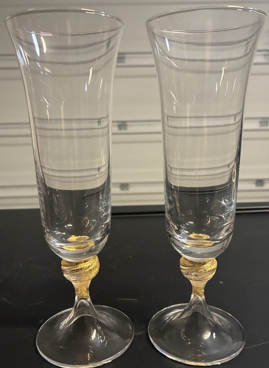 Nason Moretti Murano Gotici Clear Champagne Glasses Gold Ball Stem