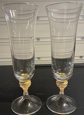 Set 2 bicchieri champagne trasparenti Nason Moretti Murano Gotici gambo sfera oro