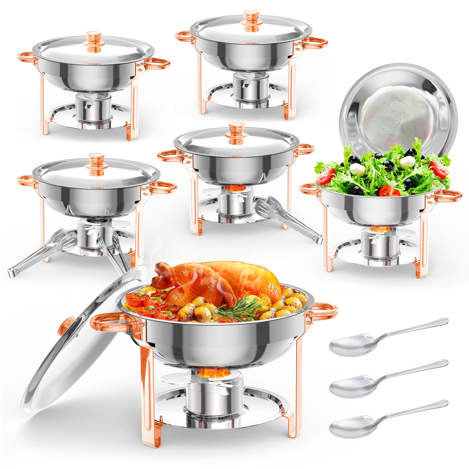 5QT Round Chafing Dish Buffet Set 6 Pack Rose Gold Stainless Steel W/Lid Holder