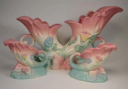 Vintage 3 HULL Art Pottery Bow Knot Double Cornucopia Vase B-13-13” Pr. Candles