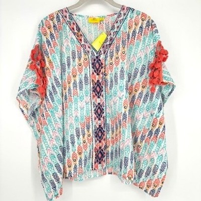 NWT Roller Rabbit Goya Poncho Boyaca Aqua Cotton Tassel Embroidered Top OSFM