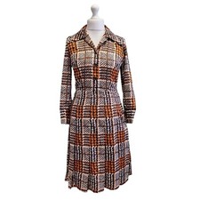 Vintage 70s Shirtwaister Dress Jade Brown Geometric Plaid Check Tartan S 8