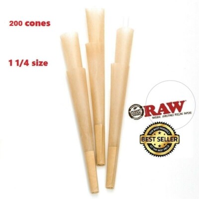 Authentic 200 Raw 1 1/4 Size Unbleached pre rolled Cone CIGARETTE Paper (  1.25