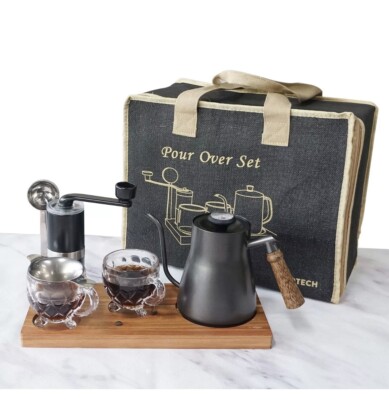 Pour Over Coffee Maker Set with Gooseneck Kettle Wooden Storage Tray Coffee D...