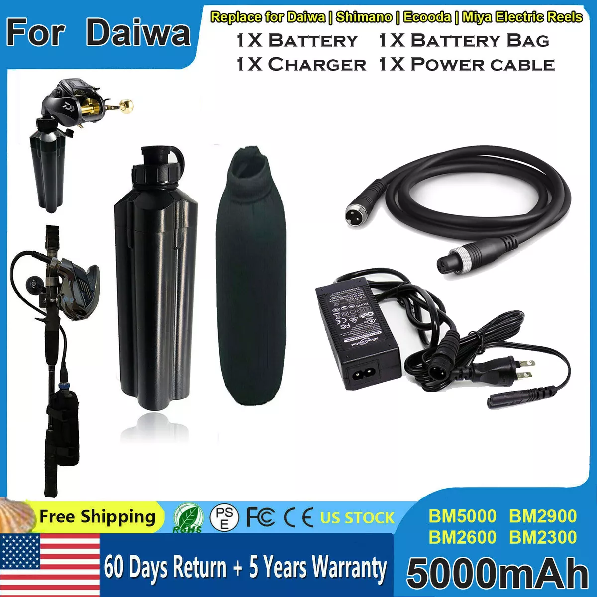 Daiwa Tanacom 1000 Electric Fishing Reel Battery 5Ah BM2900 BM2600 Charger Cable