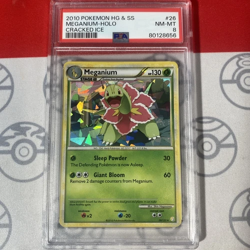 PSA 8 NM/MT Meganium Cracked Ice Holo 26/123 Pokemon 2010 HG & SS 8656