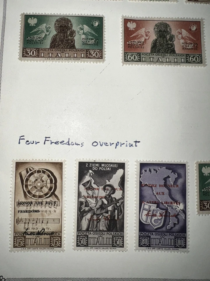 1946 WW2, Polish 2nd Corps Stamps, 4 Freedoms w/ Franklin Roosevelt Ovpt, MNH,OG - Image 2 of 4