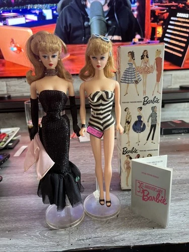 2 Vintage 1959 Barbies Blonde 35th Anniversary Swimsuit And Gown W/stands & Box