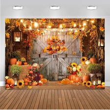Fall Backdrop Rustic Wooden Door Autumn Maple Leaves Pumpkin Background 8x6 Ft