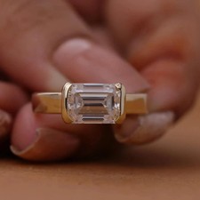 Moissanite Solitaire Engagement Ring 2 Ct Emerald Cut 14K Yellow Gold Plated
