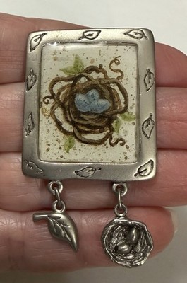 Vintage Steinmetz SFJ Silver Tone Forest Bird Nest Brooch w/Leaf & Nest Dangles