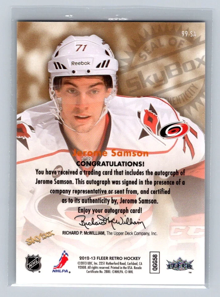 2012-13 Fleer Retro #99-SA Jerome Samson AU Carolina Hurricanes - Image 2 of 2