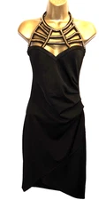 Jane Norman Dress 12 Black Gold Bodycon Xmas Party Halter Neck Occasion