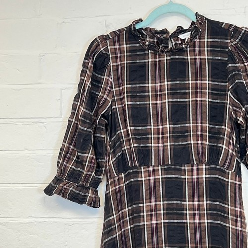 Monsoon Seersucker Checked Midi Dress Brown & Black UK Size 10 - Picture 5 of 12