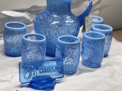 Fenton Opalescent Fern Pattern 7 Pc Sapphire Blue Water Set | eBay