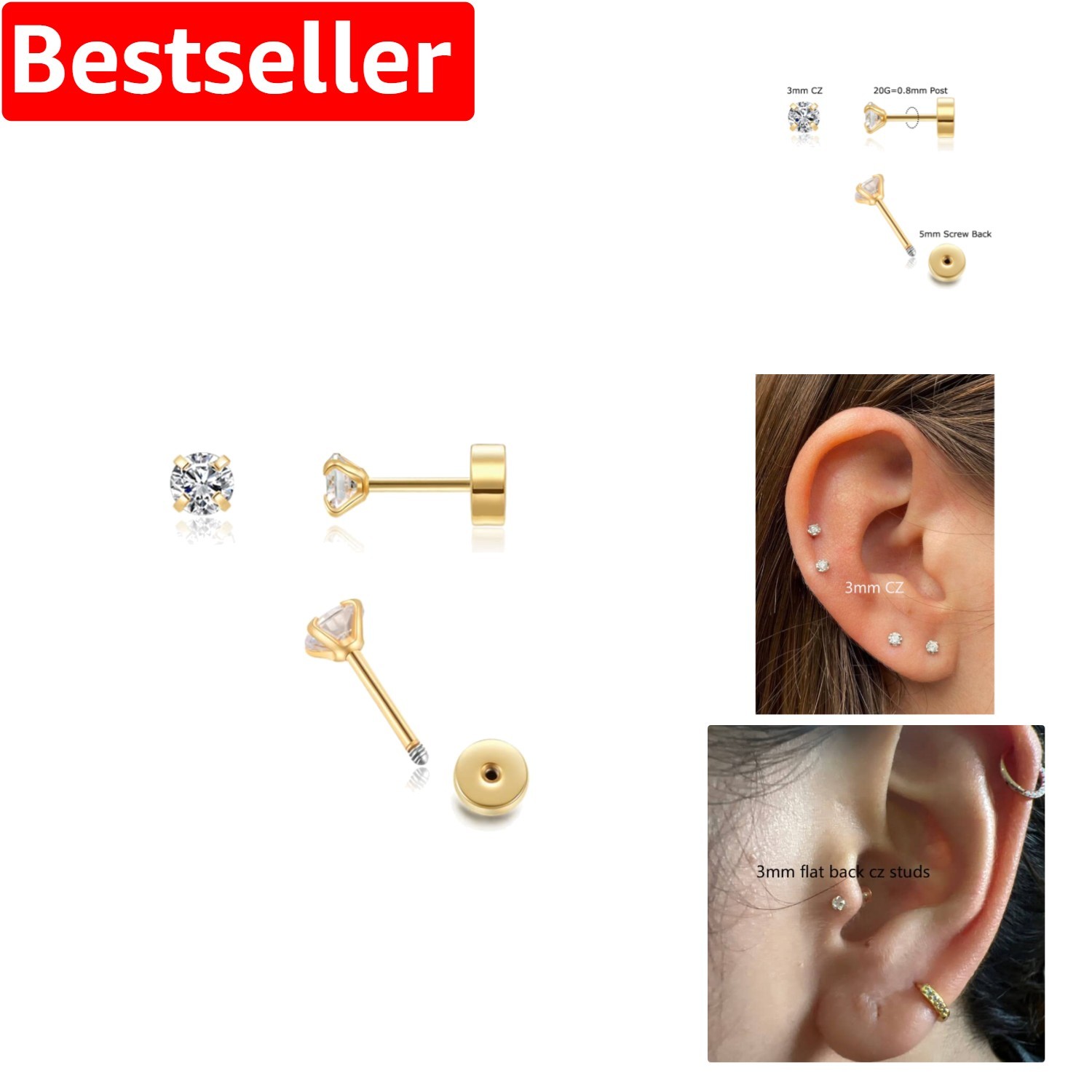 3mm Gold CZ Flat Back Earrings for Tragus Helix & Earlobe Piercings