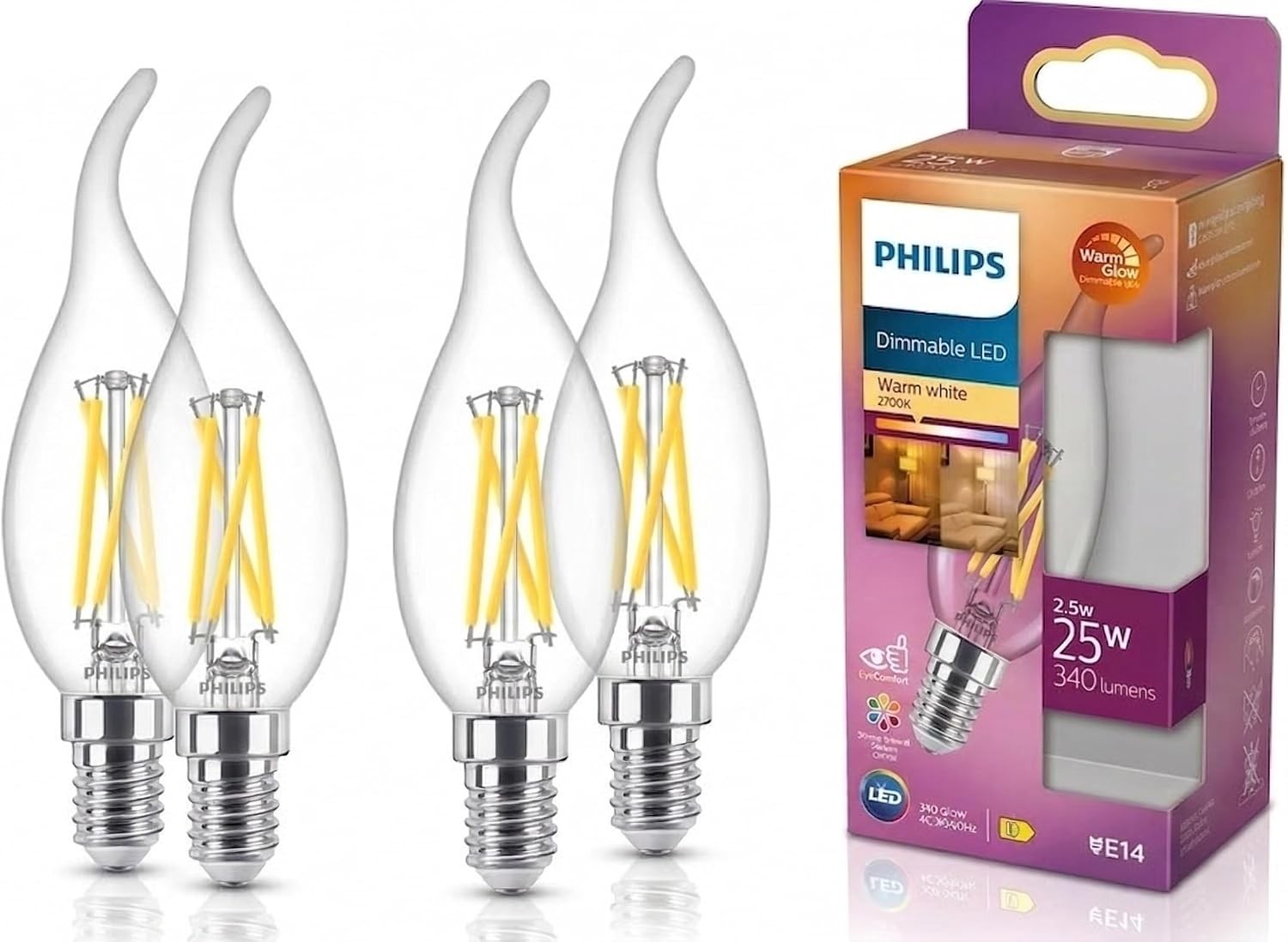 E14 Flame Tip LED Candle Light Bulbs Philips 2.5W 340lm WarmGlow 4 Pack