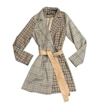 Missguided Plaid Belted Coat Dress Checkered Mini Sz 4 Tartan Preppy Patchwork