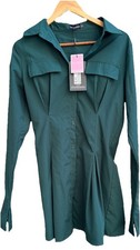 PrettyLittleThing Green Solid Collared Button Front Woven Shirt Dress Size 6