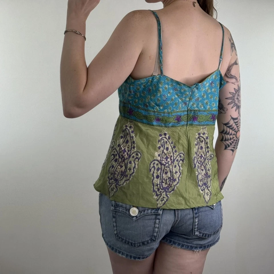 Y2K Vintage 100% Seda Paisley Cami Top Cuello en V Tiras Verde Azul Ligero Foto 4 de 4