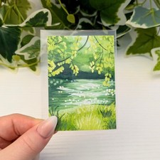 ACEO PRINT 2.5 X 3.5, Green Riverside, Gouache Landscape, Signed SaraAlexisArt
