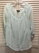 AB Studio Chiffon Green Long Sleeve Embroidered Scoop Blouse Size M Elastic Cuff