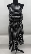 Express Dress Women Medium Black White Polka Dot Ruffle Asymmetrical Halter Midi