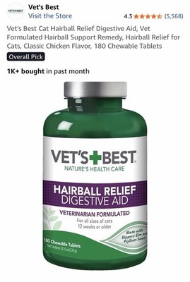 Vets Best Hairball Relief Digestive Aid-180 Chewable Tablets