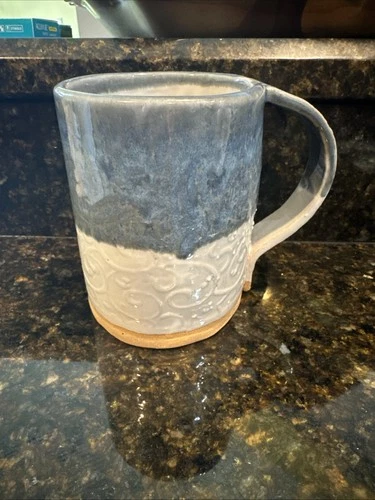 Studio Pottery 2 Tone Blue And Creme Stoneware Mug Ceramic Coffee Cup Glazed
