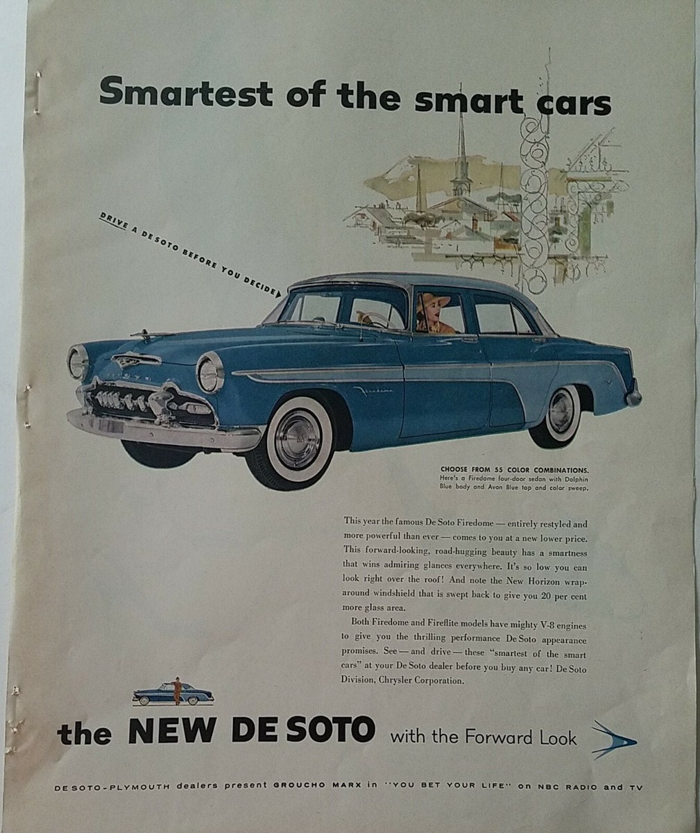 1955 DeSoto firedome four-door sedan car with dolphin blue body ad