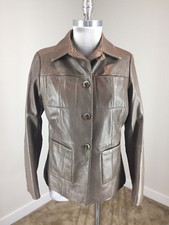 New Doncaster M 8 10 Brown Leather Coat Jacket Button Front Topstitch Clalssic