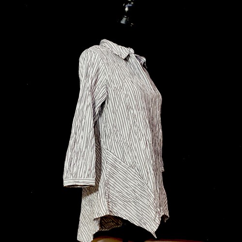Cut Loose Lagenlook Shirt White Gray Stripe High Low Tunic 3/4 Sl Unique Work XS - Picture 3 of 8