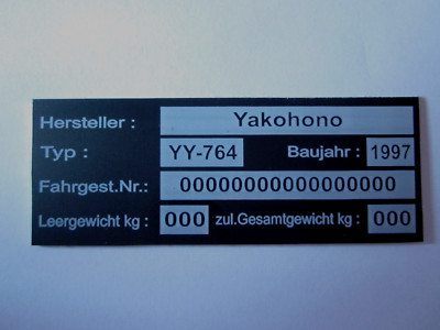 TYPENSCHILD ANHÄNGER MASCHINE PKW KFZ MOTORRAD  ALU Metall 80 X 30 mm selbstkl.