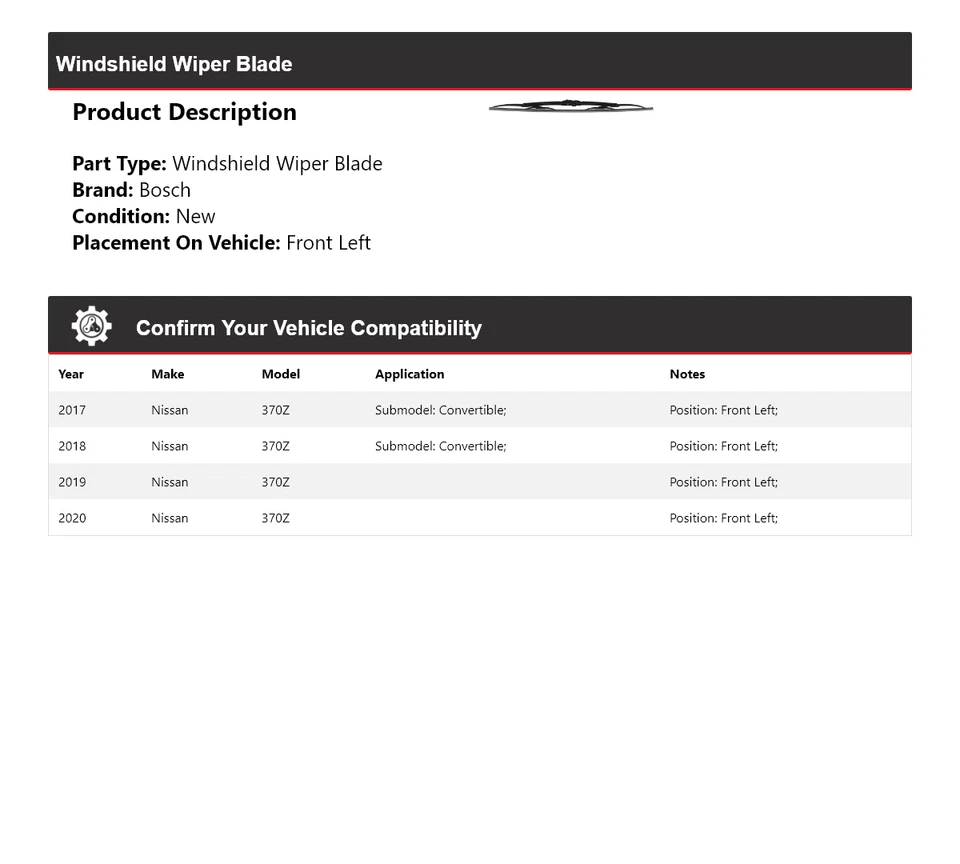 Limpiaparabrisas delantero izquierdo para Nissan 370Z Bosch 2017-2020 micro borde Foto 2 de 4