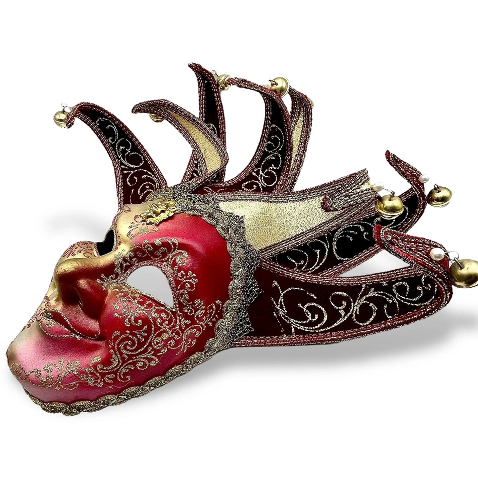 Venetian JESTER MASK LEO Gentleman Mardi Gras Masquerade Red Gold Lion Italy - Image 3 of 4