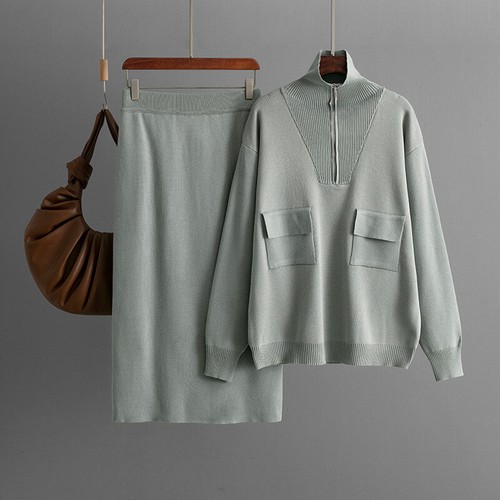 Women 2pcs Sets Long Sleeve Knitted Half Zip Sweater Mid Long Pencil Skirts Slit - Picture 9 of 28