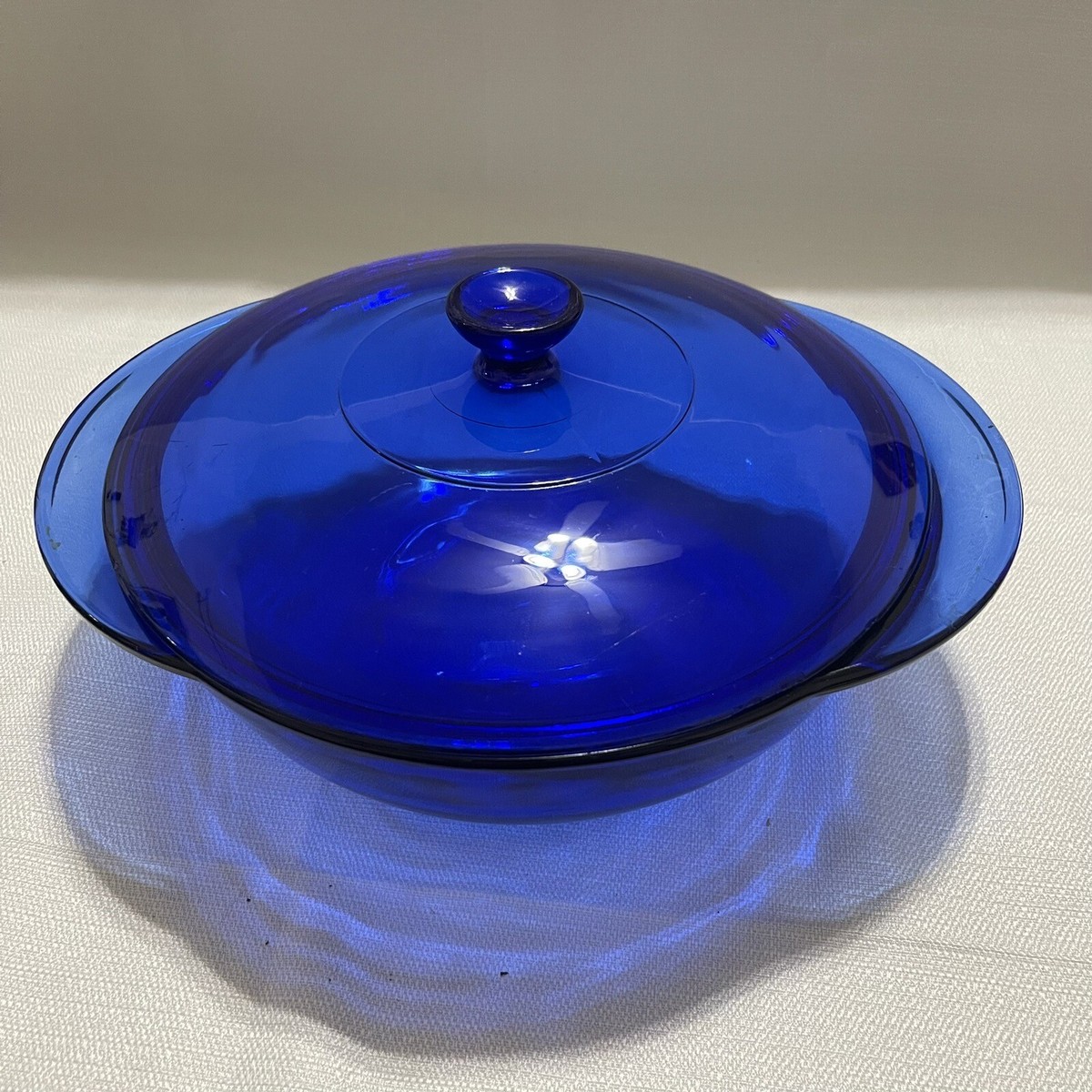 Pyrex Cobalt Blue Qt Round Ribbed Glass Covered Casserole Dish w