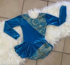 NEW Girls TURQUOISE Blue VELVET Floral EMBROIDERED Competition ICE SKATING Dress