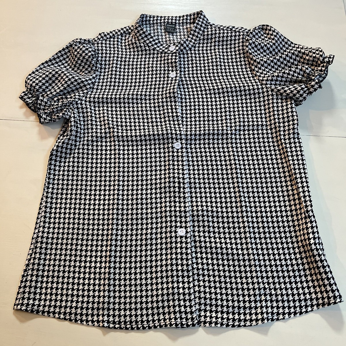 【mnem】Shuko Button Tee Shien Womens Button Up Shirt Size Small Black and White