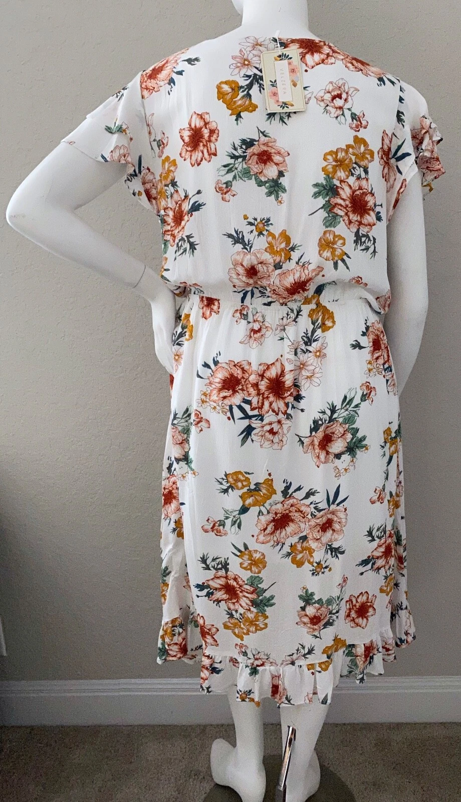 OFF WHITE Abito Velzera floreale con volant manica corta alto basso bianco sporco più 1XL 2XL 3XL nuovo