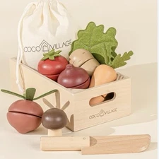 Coco Village Wooden Vegetable Set w/ Crate Wood Toy Pretend Play Kitchen Age 2+