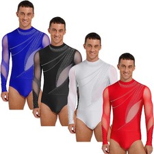 Mens Bodysuit Performance Leotard Rumba Jumpsuit Rhinestones Figure Skating