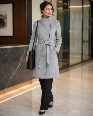 DKNY Wool Blend Wrap Coat Gray Belted Asymmetrical Zip Long Jacket Women s M