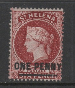 St Helena 1883 1d on 6d Brown Red P14 Sc 29 MH No Gum VF