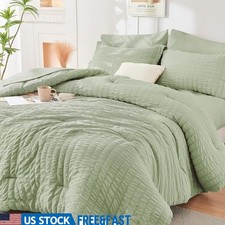 Full Size Comforter Set Anti-Wrinkle Seersucker Texture Deep Pocket Fitted Sheet