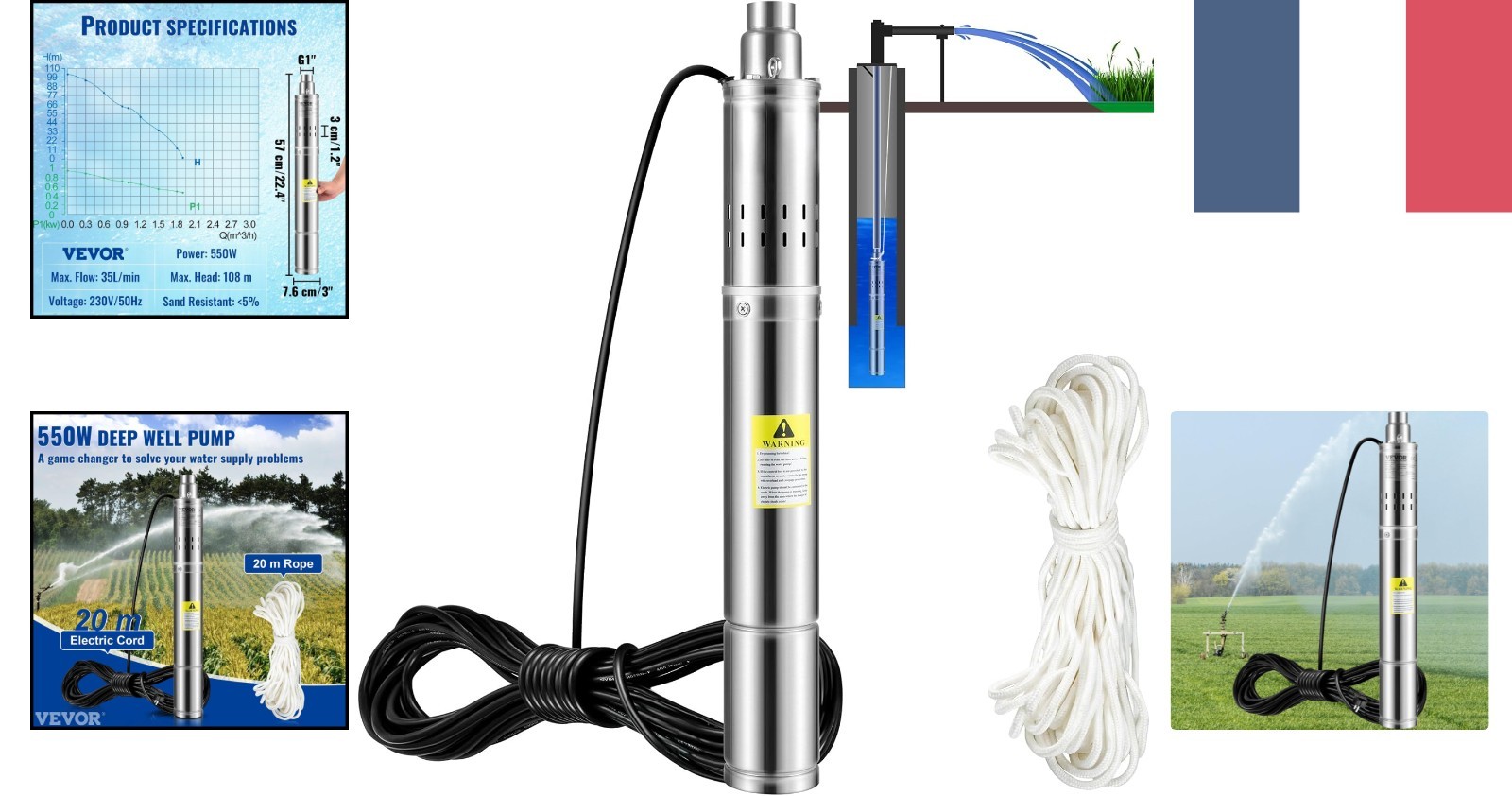 Pompe de puits automatique VEVOR 550W avec debit de 2100 L/h et systeme de protection integre