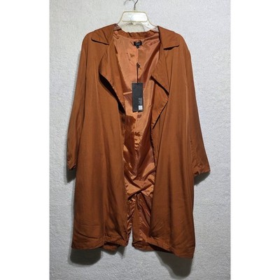 LIRA Womens S Brown Duster Trench Coat Lightweight Draped Collar 100% Tencel