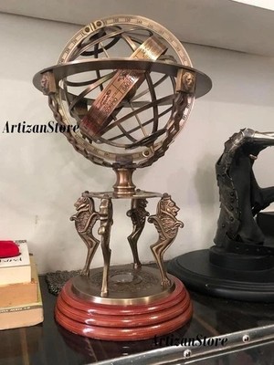 Antique Brass 18'' Armillary Sphere Astrolabe Zodiac Engraved Celestial Globe