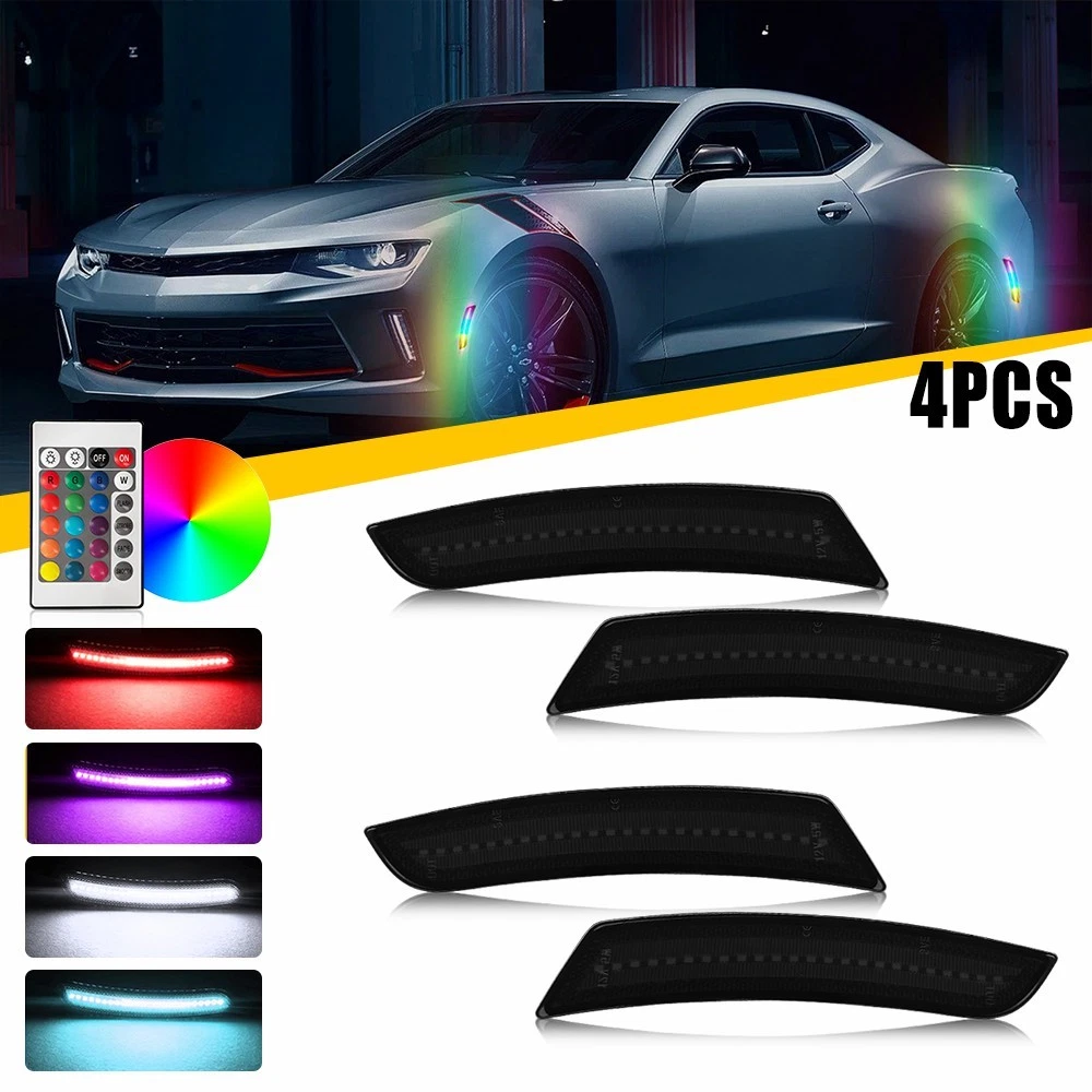 4PCS RGB Color Changing Smoked LED Side Marker Lights For 2016-2024 Chevy Camaro